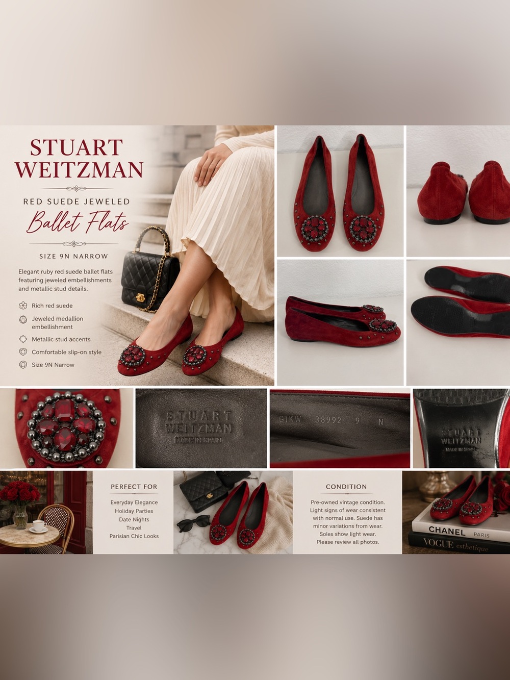 ♥️ Beautiful Stuart Weitzman ballet flats in a gorgeous ruby red suede.